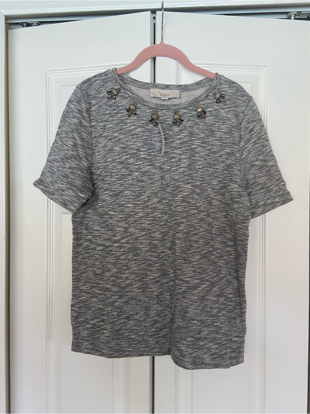 LOFT Gray Embellished Knit Short Sleeve Top